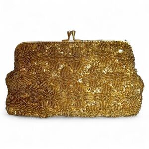 VINTAGE Gold Clutch Bag Purse Chain Snap Closure Beaded Sequins Christmas Party